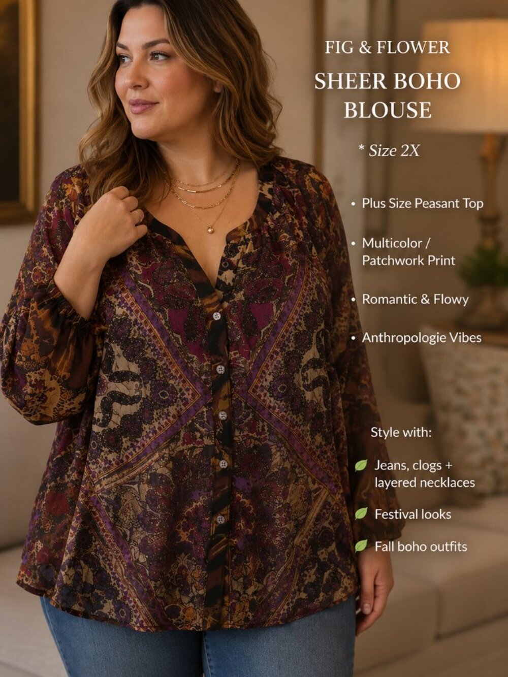 Fig & Flower Blouse Womens 2X Sheer Paisley Boho Peasant Top Mixed Print Plus - Picture 3 of 9